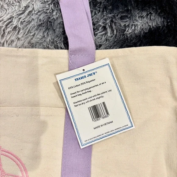 Trader Joe’s Large Canvas Tote Bundle Lavender Navy 20” Reusable Grocery Bag NEW - Picture 3 of 6